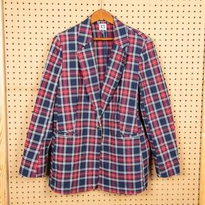 Anne Klein Red and Blue Plaid Unlined Stretchy Blazer Size Large